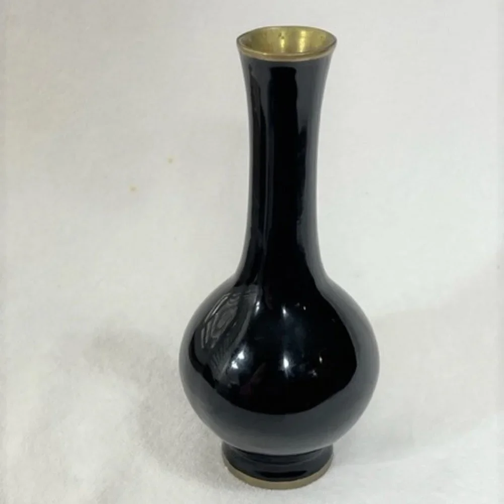Asian black lacquer, brass and mother of pearl vase